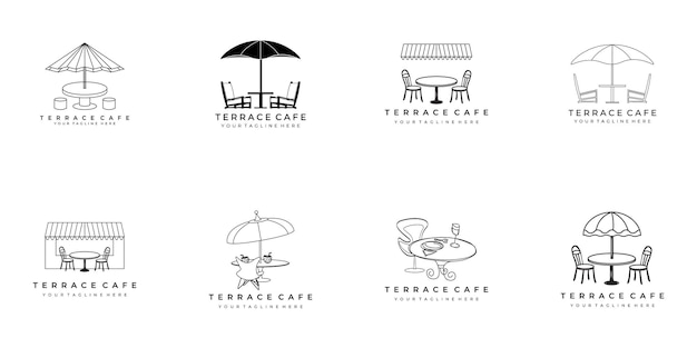 Set Terrasse Café Logo Dessin Au Trait Vector Illustration Design Créatif Nature Minimaliste Monoline Contour Linéaire Simple Moderne