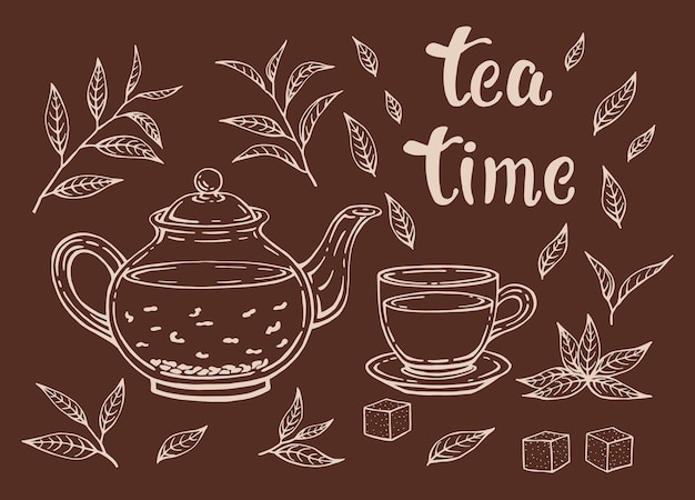 Vecteur set de thé isolé sur fond blanc feuilles de théière et tasse illustration vectorielle dessinée à la main