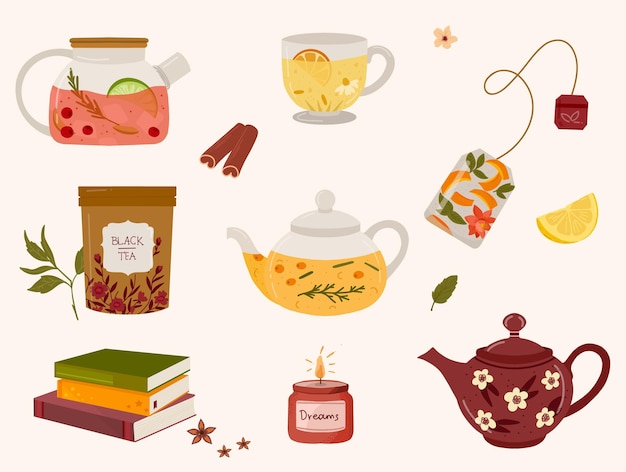 Set de théières et de tasses avec des fruits, du citron et du thé à base de plantes.