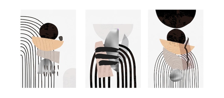 Vecteur set de trois affiches modernes en noir et blanc avec des arcs-en-ciel et des formes géométriques abstraites