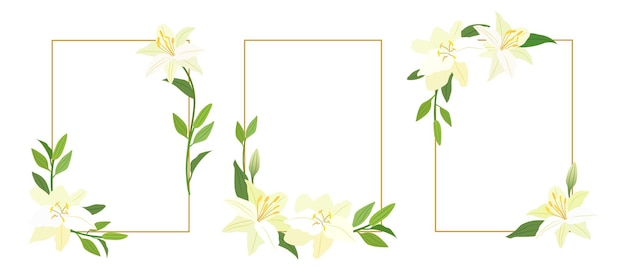 Vecteur set de trois cadres rectangulaires dorés avec des lis illustration vectorielle cadre de mariage avec des fleurs