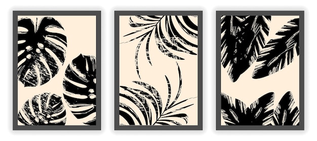 Set De Trois Modèles Floraux Esthétiques Minimalistes Abstraits Sur Fond Beige Clair Noir
