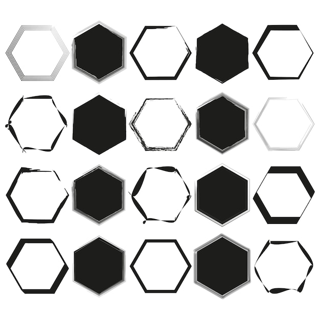 Set de variations d'hexagones Diversité de formes géométriques Contour et hexagones remplis Vecteur