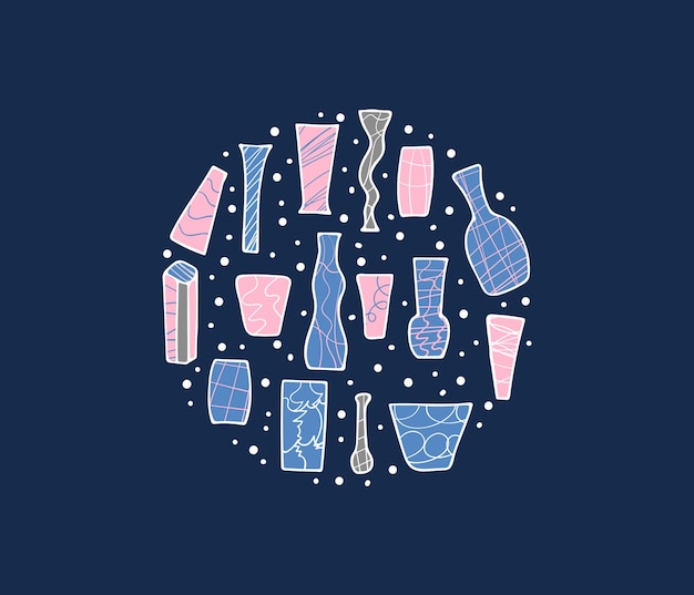 Set de vases de fleurs vectorielles dans le style doodle
