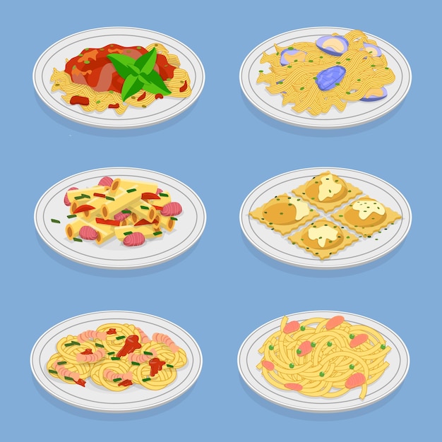 Set de vecteurs plats isométriques 3D de la cuisine italienne traditionnelle