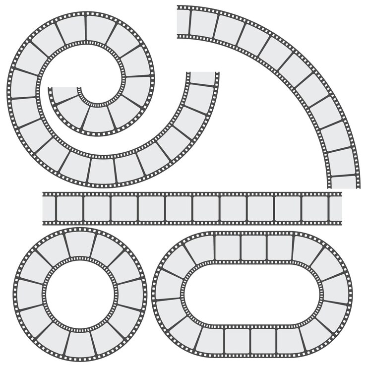 Vecteur set vectoriel de bandes de film cadres spirales et ovales rouleaux de film incurvés éléments graphiques cinématographiques
