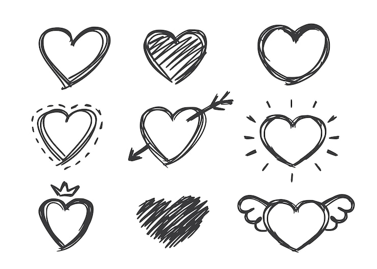 Vecteur set vectoriel de cœurs dessinés à la main sur un fond blanc illustrations pour valentines et mariages