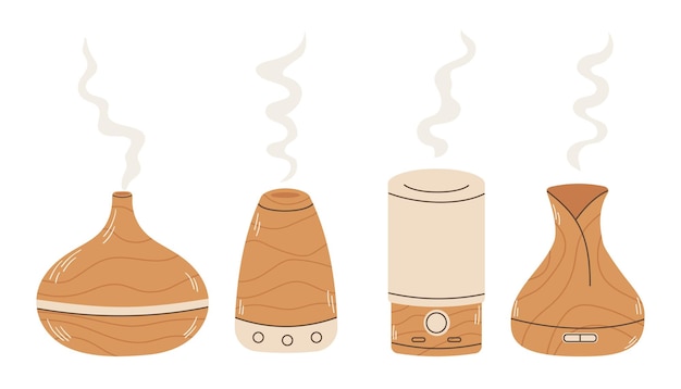 Set vectoriel de diffuseur d'arômes en bois dans le style de dessin animé Différents types de diffuseurs