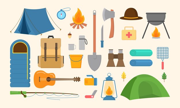 Set Vectoriel D'équipement De Camping Symboles Icônes Et éléments Collection De Randonnée D'été Avec Chapeau De Tente Jumelles Feu De Camp Montagnes Sac De Caméra Guitare Canne à Pêche Boussole éléments De Randonée