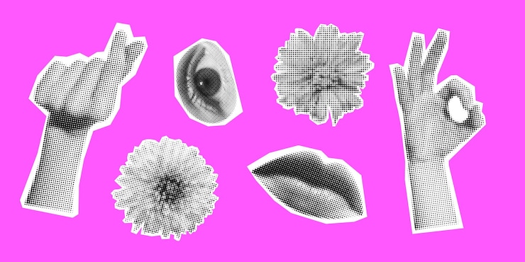 Vecteur set vectoriel de fleurs en demi-ton rétro mains lèvres et yeux collage en demi-tone éléments floraux papier déchiré collection pop à la mode découpage de papier de parties humaines et de fleurs sur fond rose
