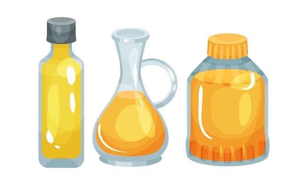 Set vectoriel d'huile de colza végétarienne versée dans des bouteilles en verre