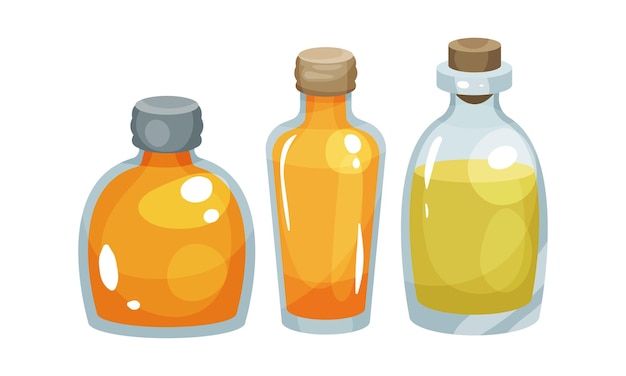 Set vectoriel d'huile de colza végétarienne versée dans des bouteilles en verre
