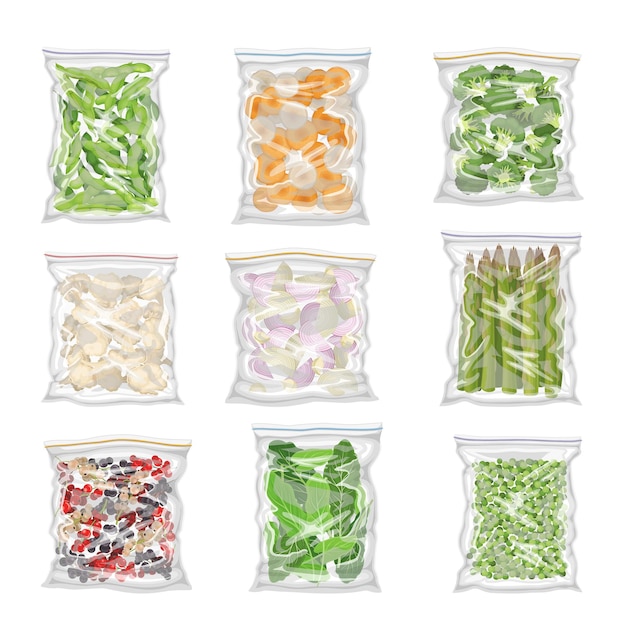 Vecteur set vectoriel de légumes et légumes congelés coupés et stockés dans des emballages en plastique
