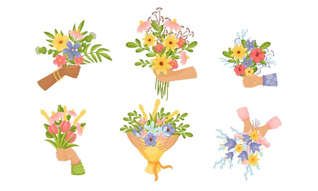 Vecteur set vectoriel de mains tenant des bouquets de fleurs voyantes