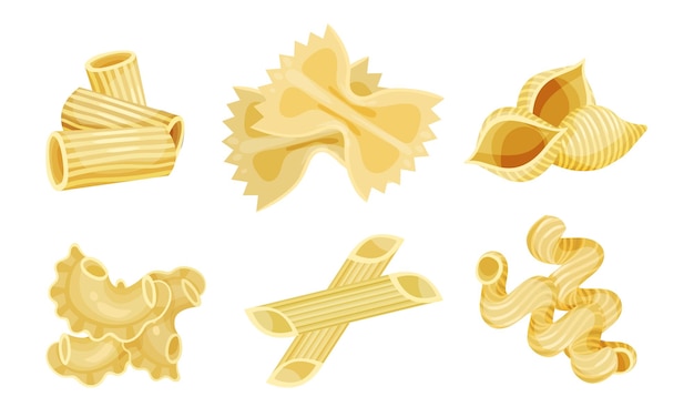 Set vectoriel de pâtes en forme Macaroni de blé non cuit pour la préparation des repas Collection d'éléments de cuisson