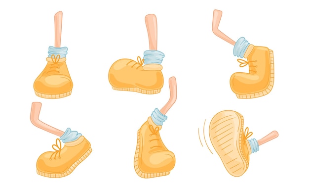 Vecteur set vectoriel de pieds de dessins animés dans des chaussures à lacets et des chaussettes dans différentes poses de marche