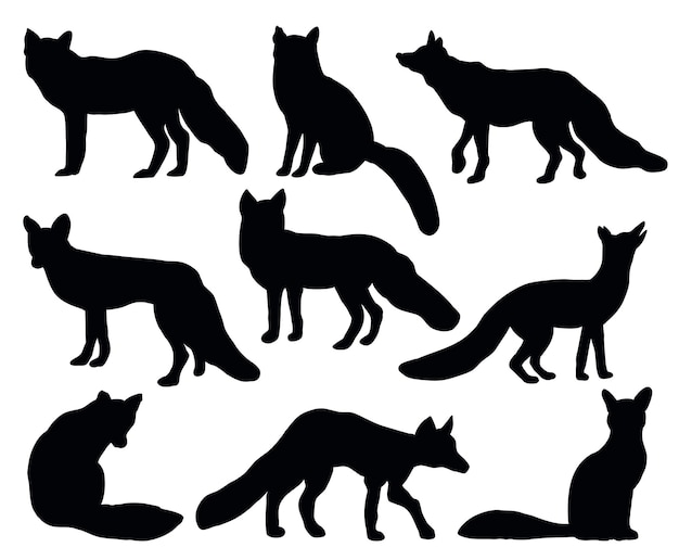 Set vectoriel de silhouette de renard noir isolé sur fond blanc