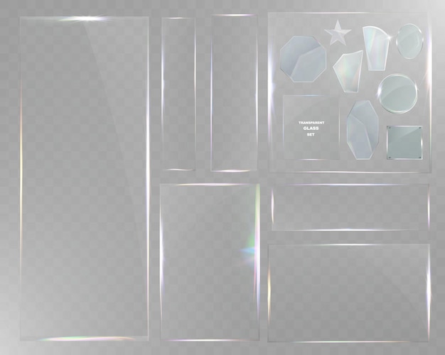 Set de verre transparent avec des bords lisses, des reflets, des éblouissements et des effets lumineux prismatiques