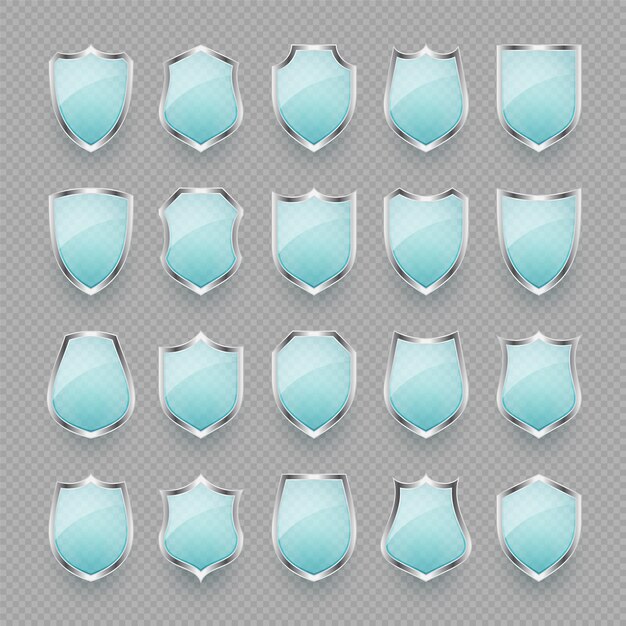 Vecteur set de verre vintage d icônes de bouclier bleu boucliers héraldiques noir étiquette de protection et de symbole de sécurité
