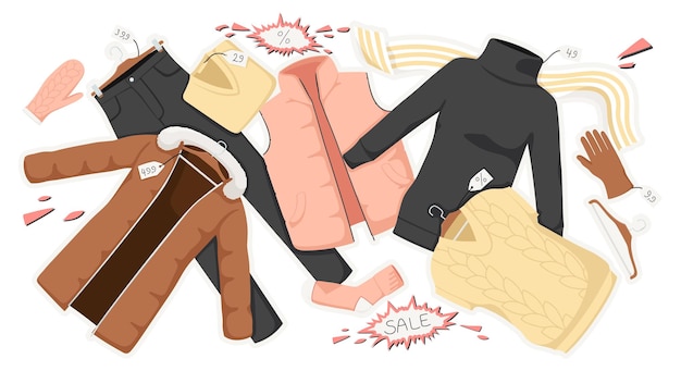 Vecteur set de vêtements de collection d'automne chauds en vente gilet rose et beige pantalon noir foulard gants chaussettes veste énorme réduction achat tenue élégante illustration vectorielle
