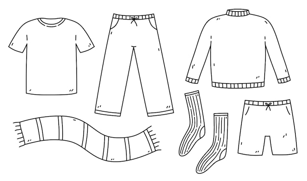 Vecteur set de vêtements pour hommes t-shirt pantalon shorts pull foulard chaussettes illustration dessinée à la main dans le style doodle