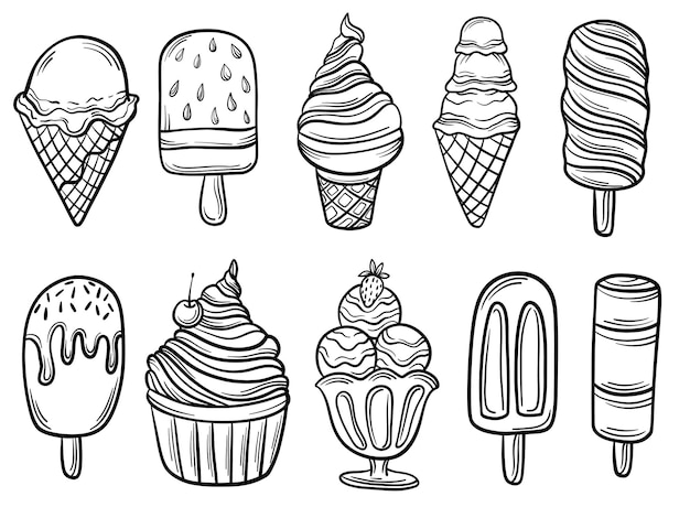 Vecteur set vintage de dessins linéaires de différentes crèmes glacées sur un fond blanc vector