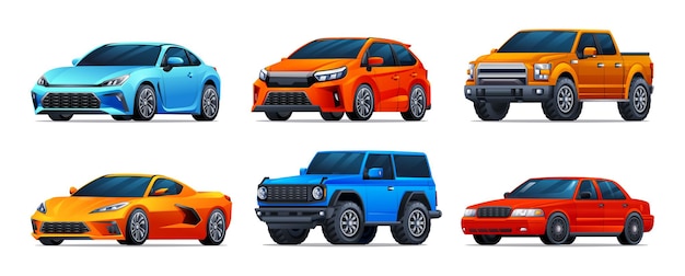 Set de voitures de différents types Sedan hatchback voiture de sport pick-up 4x4 Illustration vectorielle