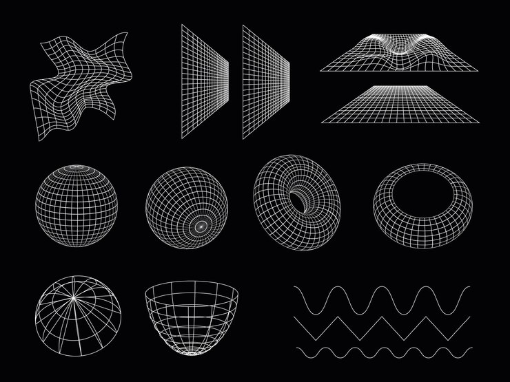 Vecteur set de wireframe 3d abstrait vibe forme des formes abstraites dans le style des années 80 et 90