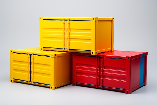 Sets de conteneurs rouges, jaunes, verts et bleus transportant des marchandises d'importation et d'exportation et internationaux