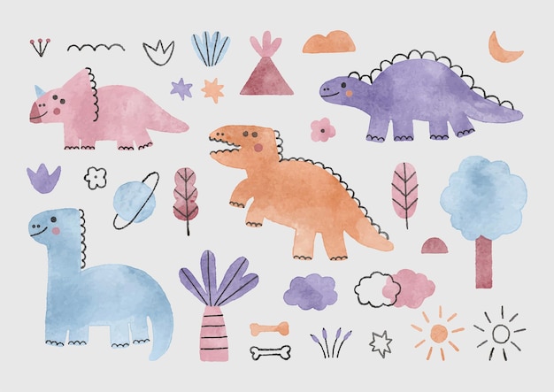 Vecteur sets d'illustrations à l'aquarelle vectorielle de dinos colorés