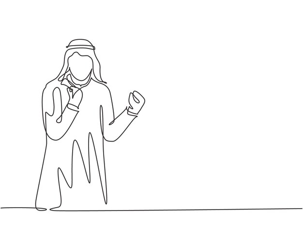 un seul dessin au trait d'un jeune homme d'affaires musulman heureux lève la main et célèbre le vecteur de conception