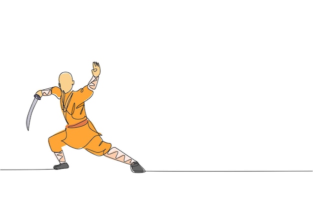 Vecteur un seul dessin au trait d'un jeune moine shaolin faisant de l'exercice en combattant avec une lance au vecteur du temple