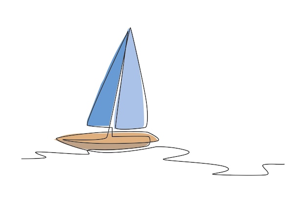 un seul dessin au trait d'un voilier naviguant sur le vecteur de conception de la mer véhicule de transport par eau