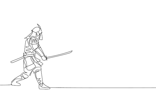 un seul dessin d'un guerrier samouraï japonais tenant une épée katana au centre du dojo vecteur