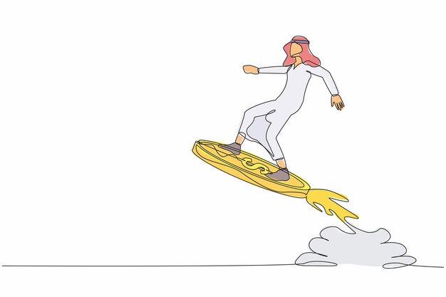 Vecteur un seul dessin d'un homme d'affaires arabe sur une fusée d'une pièce d'un dollar volant dans le ciel boost financier