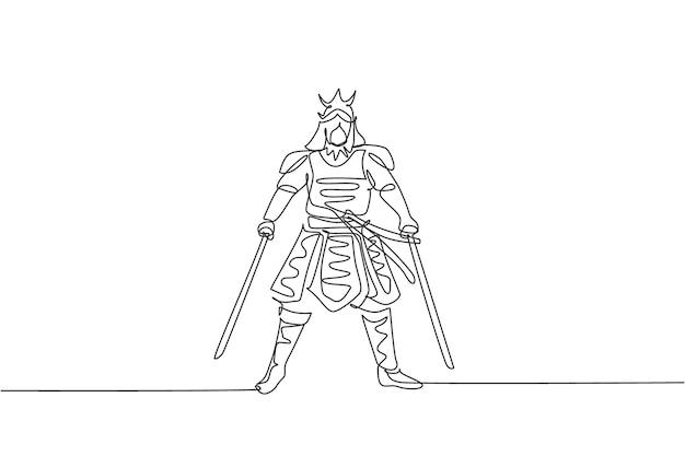 un seul dessin d'un jeune guerrier samouraï japonais tenant une épée katana au vecteur du centre du dojo