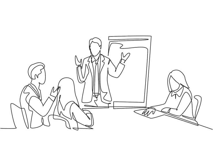 Vecteur un seul dessin d'un jeune homme d'affaires donnant un coaching commercial aux membres de la classe au bureau