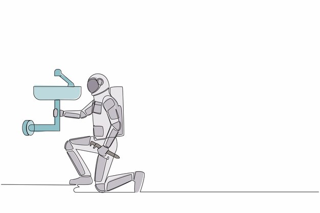 Un seul dessin en ligne continue astronaute plombier réparation de l'évier dans la salle de bain et les tuyaux de plomberie vecteur