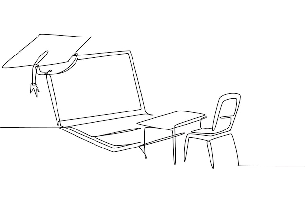 Vecteur un seul dessin en ligne continue des chaises d'étude vides des bureaux face à l'ordinateur portable vecteur de conception du bouchon de graduation