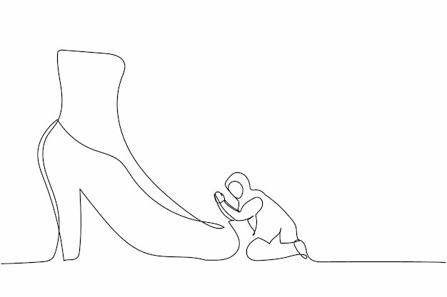 Vecteur un seul dessin en ligne continue d'une femme d'affaires arabe active agenouillée un pied géant ou un vecteur de conception de chaussure