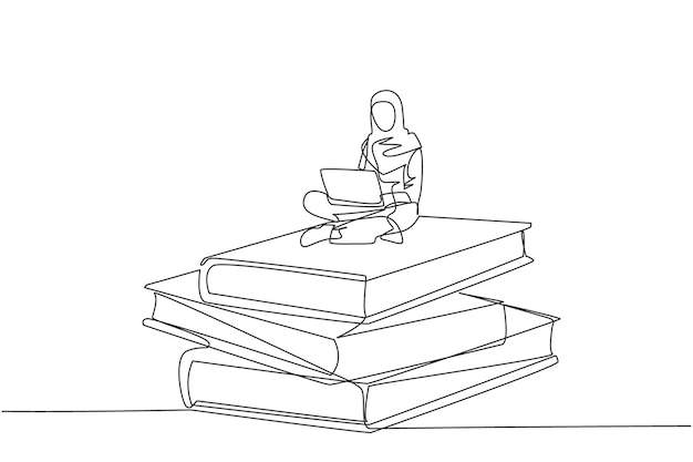 Un seul dessin en ligne continue Une femme d'affaires arabe assise sur une pile de livres géants prenant un webinaire