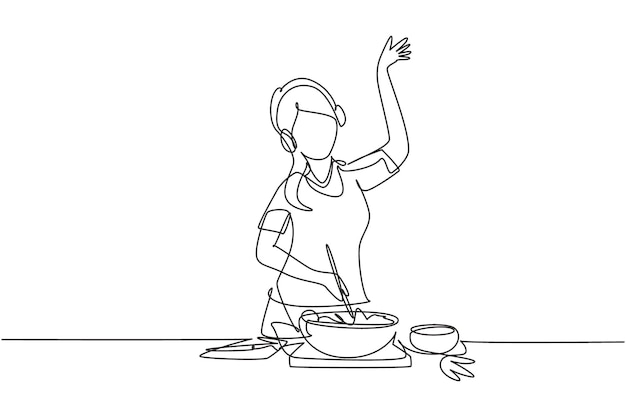 Vecteur un seul dessin en ligne continue d'une femme cuisinant et écoutant de la musique dans la cuisine vector alimentaire sain