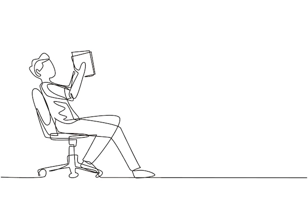 Un seul dessin en ligne continue garçon lit un livre dans une chaise vue latérale du vecteur d'apprentissage du processus de sortie.