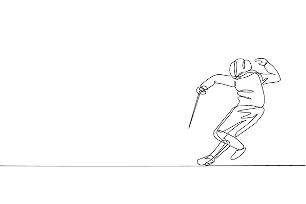 Un seul dessin en ligne continue jeune athlète professionnel d'escrimeur homme en épée vecteur compétitif