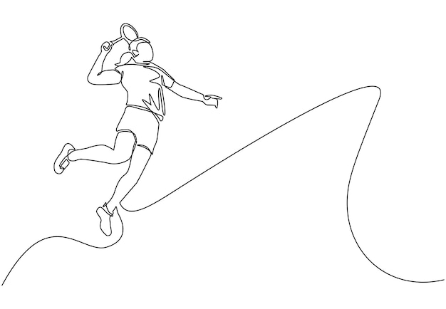 Vecteur un seul dessin en ligne continue jeune femme agile joueur de badminton saut et écraser le vecteur de navette
