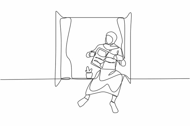 Un seul dessin en ligne continue d'une jeune femme arabe assise sur le rebord de la fenêtre et lisant un dessin de journal