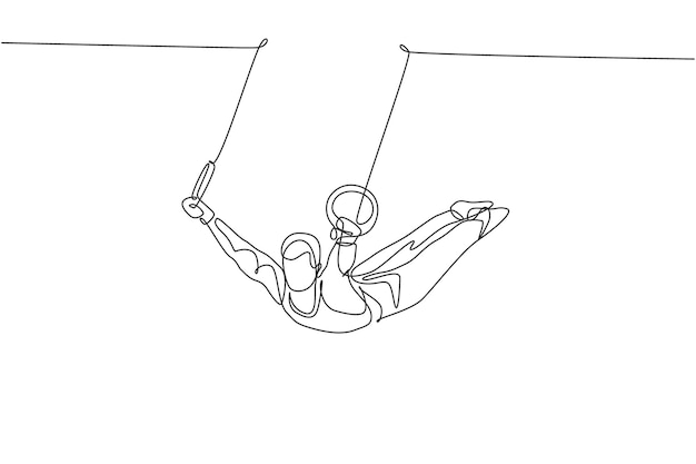 Un seul dessin en ligne continue jeune gymnaste professionnel homme effectue le concept d'étirement de l'anneau régulier