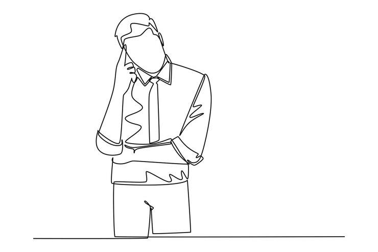 Vecteur un seul dessin en ligne continue d'un jeune ouvrier confus debout et pensant à une solution à son problème d'emploi au bureau pensez au concept de l'idée dessin dynamique en une ligne illustration vectorielle de conception graphique
