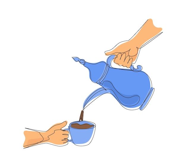 Un seul dessin en ligne continue de main versant du café noir à partir d'un vecteur de cafetière arabe traditionnel.