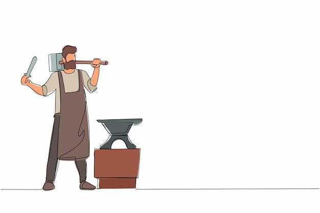Un seul dessin en ligne d'un forgeron barbu portant un tablier et une marteau.